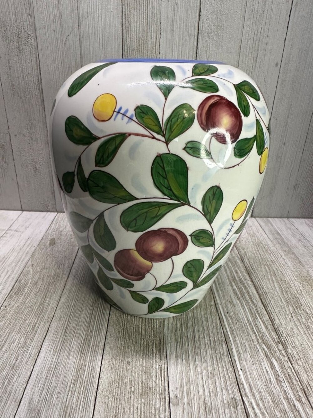 Vintage Chinese Cherry Berry Fruit Painted Vase Jar Red Stamped 8 Inches Tall